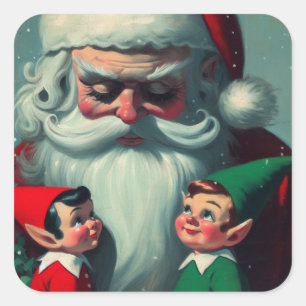 Sticker Carré Père Noël avec Elves Retro Noël Vintage