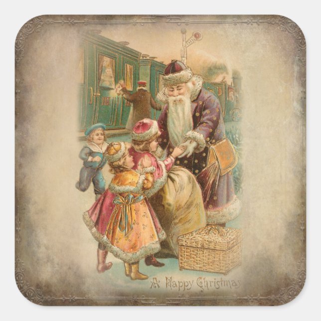 Sticker Carré Père Noël avec enfants à la gare (Devant)