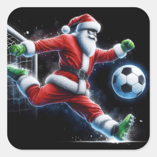 Sticker Carré Père Noël botte un ballon de football en hiver