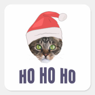 Sticker Carré Père Noël Chat avec Santa hat, Ho Ho ho ho Invitat