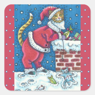 STICKER CARRÉ PÈRE NOËL CLAWS CAT SUR LE TOIT APPORTANT DES CADE