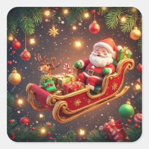 Sticker Carré Père Noël conduisant un traîneau avec un renne