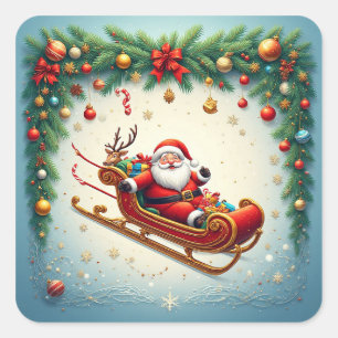 Sticker Carré Père Noël conduisant un traîneau avec un renne