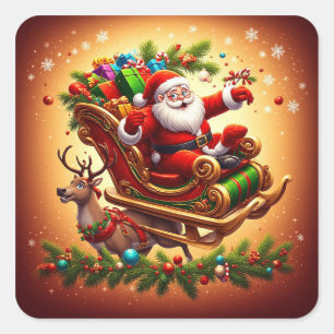 Sticker Carré Père Noël conduisant un traîneau avec un renne