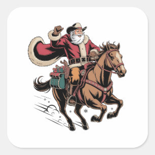 Sticker Carré Père Noël cow-boy à cheval Noël 