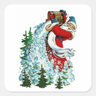 Sticker Carré Père Noël De Noël Rétro Faisant De La Neige Avec S