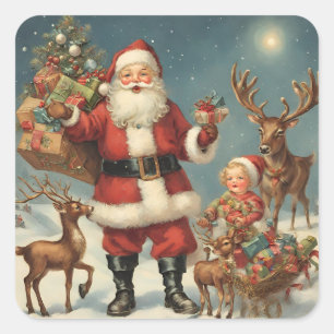 Sticker Carré Père Noël de Noël Vintage avec rennes et présentat