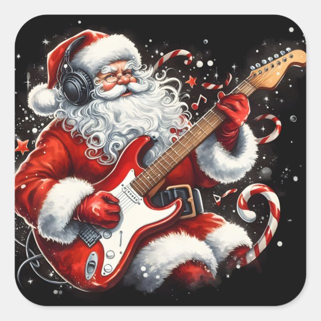Sticker Carré Père Noël Électrique Des Vacances Avec Rock Music (Devant)