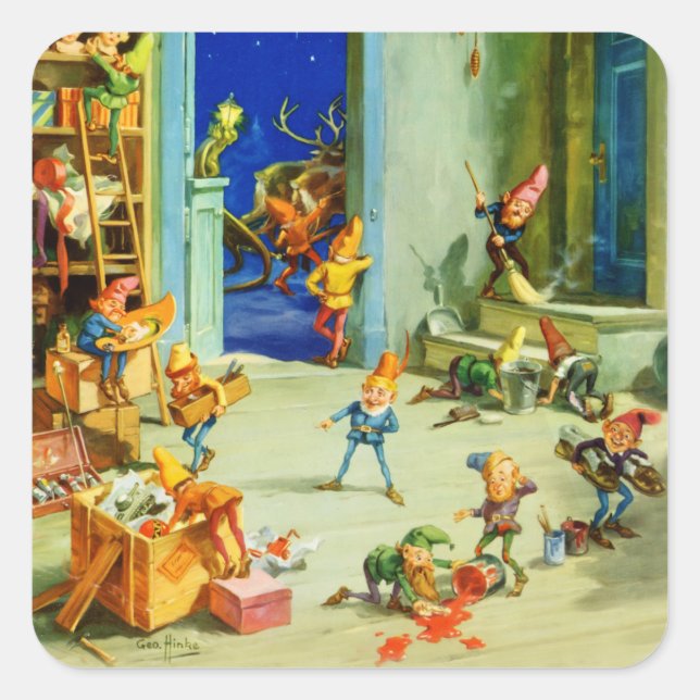 Sticker Carré Père Noël Elves Occupés à son atelier sur le pôle  (Devant)