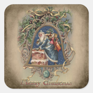 Sticker Carré Père Noël en Robes Bleues avec Holly