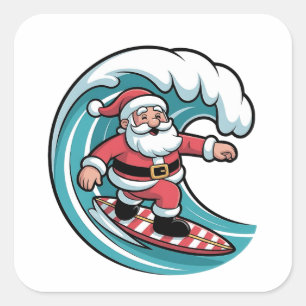 Sticker Carré Père Noël en surf Noël Surfeur Vacances Plage