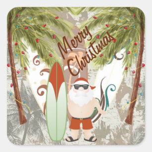 Sticker Carré Père Noël et Surboard Joyeux Noël Plage