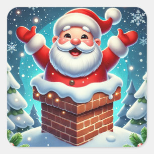 Sticker Carré Père Noël festif sortant de la cheminée