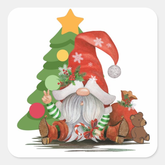 Sticker Carré Père Noël Gnome - Drôle Noël Gnome Design Magnet (Devant)