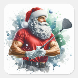 Sticker Carré Père Noël Golfing en hiver