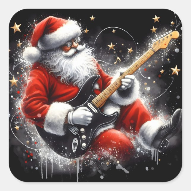 Sticker Carré Père Noël Jams bruyamment sur la guitare électriqu (Devant)