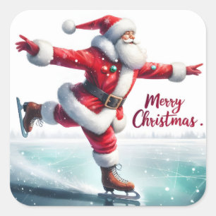 Sticker Carré Père Noël Joyeusement Patinage Sur Glace !