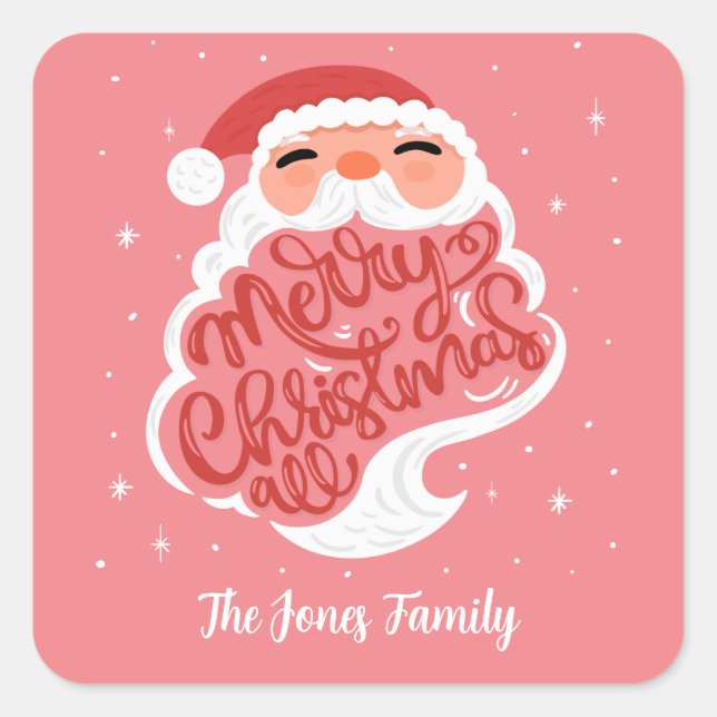 Sticker Carré Père Noël, Joyeux Noël Tout, Nom de famille rose (Devant)