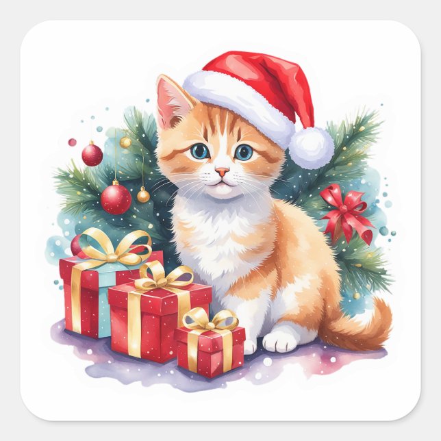 Sticker Carré Père Noël Kitten (orange/blanc) avec cadeaux (Devant)