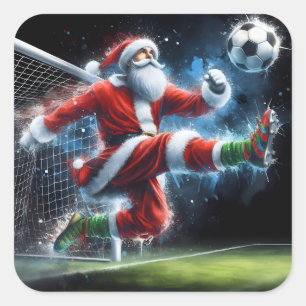 Sticker Carré Père Noël lance un ballon de football en hiver