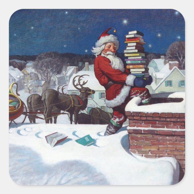 Sticker Carré Père Noël Livres à Noël, (Devant)