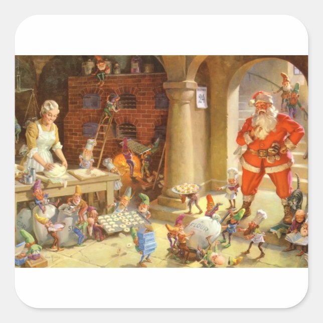 Sticker Carré Père Noël, Mme Claus & Elves Bake Christmas Cookie (Devant)