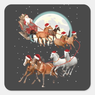 Sticker Carré Père Noël montant des chevaux, traîneau équestre 