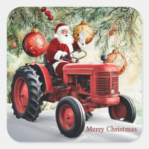 Sticker Carré Père Noël Red Tracteur ferme Vintage Noël