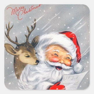 Sticker Carré Père Noël rétro et Reindeer chantent la chanson de