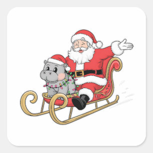 Sticker Carré Père Noël Riding Sleigh avec Moo Deng Baby Hippo