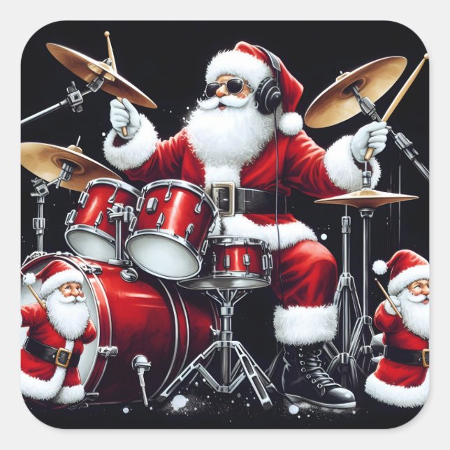 Sticker Carré Père Noël Rocks Christmas Beats on Drums (Devant)