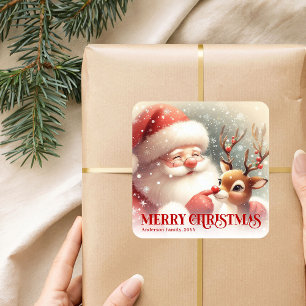 Sticker Carré Père Noël Rudolph Nom personnalisé Cadeau de Noël