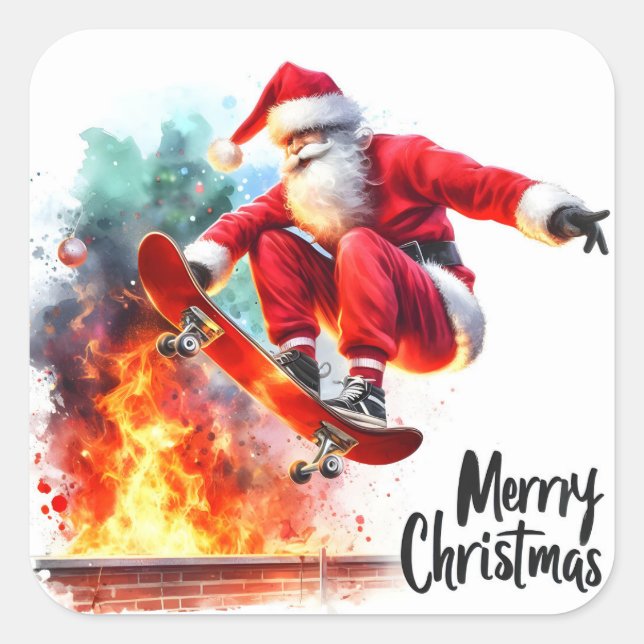 Sticker Carré Père Noël Skateboard sur un feu festif (Devant)