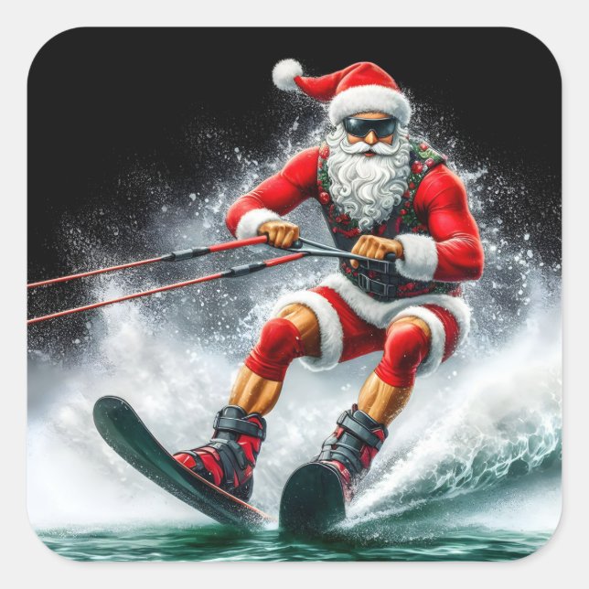 Sticker Carré Père Noël Ski au-dessus des vagues pendant la sais (Devant)