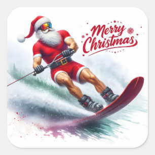 Sticker Carré Père Noël Ski sur une journée ensoleillée d'hiver