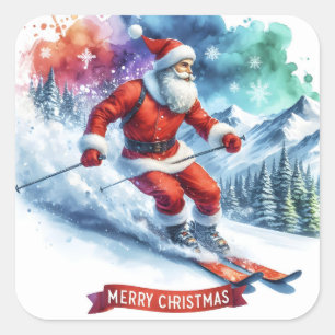 Sticker Carré Père Noël Skis dans une montagne enneigée