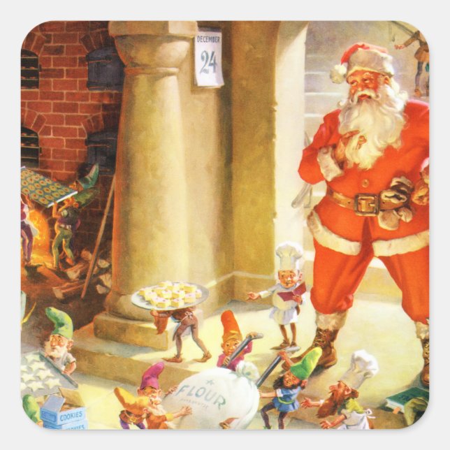 Sticker Carré Père Noël Supervise Elves Baking Christmas Cookies (Devant)