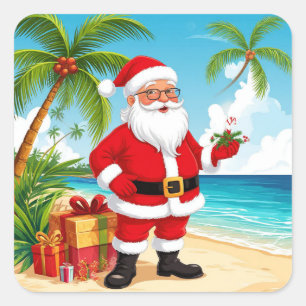 Sticker Carré Père Noël sur une plage ensoleillée avec des cadea