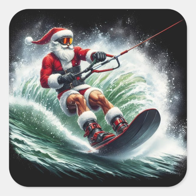 Sticker Carré Père Noël surfant au coucher du soleil (Devant)