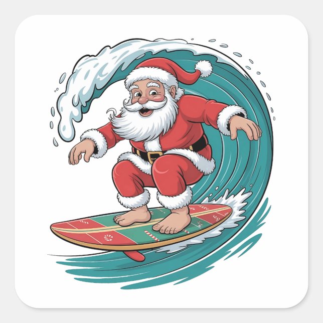 Sticker Carré Père Noël Surfing Noël Surf Festive de Noël (Devant)