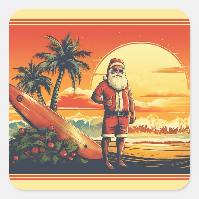 Sticker Carré Père Noël Surfing personnalisé Retro Beach Noël (Devant)