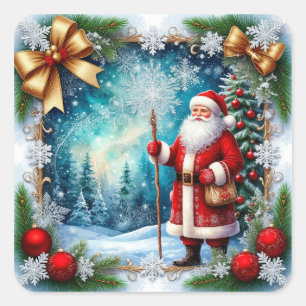 Sticker Carré Père Noël traditionnel dans un pays des merveilles