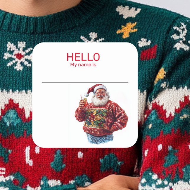 Sticker Carré Père Noël Ugly Sweater Nom de la fête Balise Badge (Créateur téléchargé)