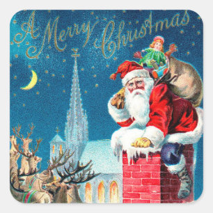 Sticker Carré Père Noël victorien de Noël vintage sur une chemin