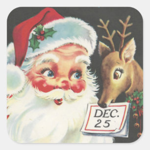 Sticker Carré Père Noël vintage avec rennes le 25