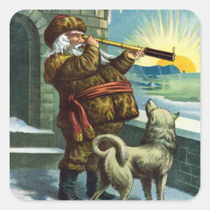 Sticker Carré Père Noël vintage de Noël Télescope Chien Coucher 