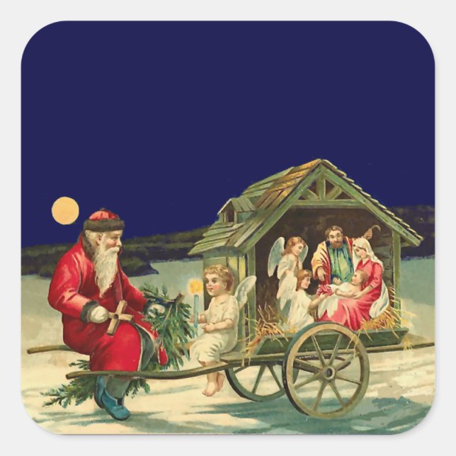 Sticker Carré Père Noël vintage et scène de nativité (Devant)