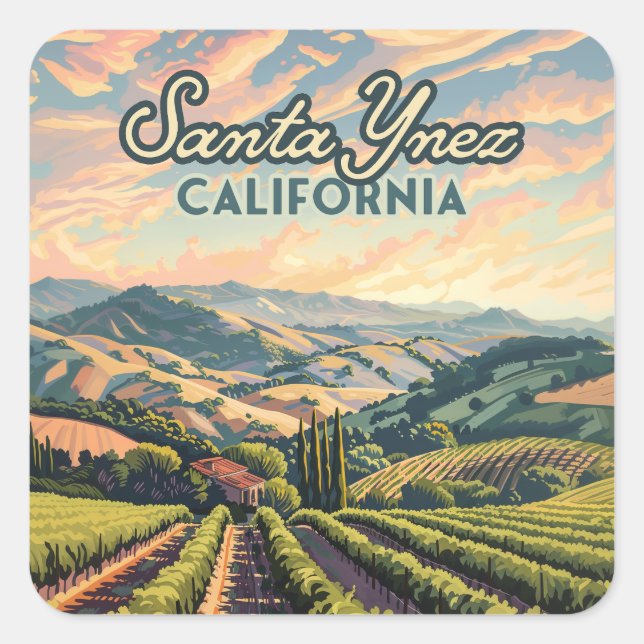 Sticker Carré Père Noël Ynez California Vineyard Winery Retro (Devant)