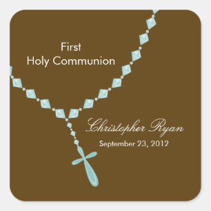 Sticker Carré Perles de Rosaire Première Communion Bleue Brown