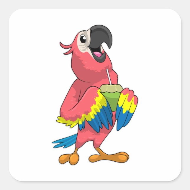 Sticker Carré Perroquet et noix de coco avec paille à boire (Devant)